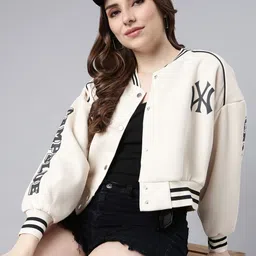 SHOWOFF Typography Printed Windcheater Cotton Crop Varsity Jacket-picture-17