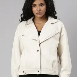 SHOWOFF Cream-Coloured Lapel Collar Long Sleeves Suede Windcheater Tailored Jacket-13