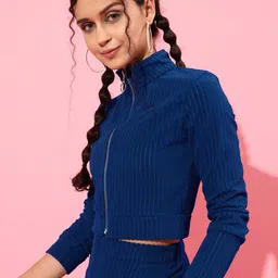 STREET 9 Women Blue Striped Crop Tailored Jacket-image-90