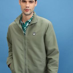 HIGHLANDER Olive Green Spread Collar Bomber Jacket-image-11