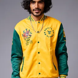 GO DEVIL Typography Printed Cotton Varsity Jacket with Zip Detail-17