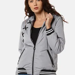 Campus Sutra Women Grey & Black Windcheater Varsity Jacket-picture-45