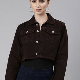 SHOWOFF Spread Collar Long Sleeve Windcheater Crop Denim Jacket-image-62