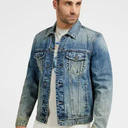 GUESS Spread Collar Washed Pure Cotton Denim Jacket-picture-32