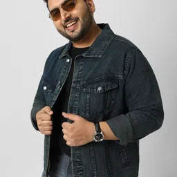 Urbano Plus Men's Dark Blue Regular Fit Washed Full Sleeve Denim Jacket-image-87