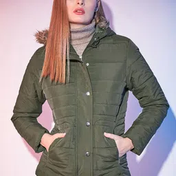 STREET 9 Olive Green Hooded Long Sleeves Lightweight Faux Fur Trim Puffer Jacket-image-55