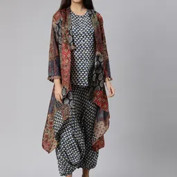 Neerus Geometric Printed Sleeveless Raw Silk Top With Harem Pants & Jacket-image-39