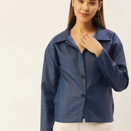 Belle Fille Women Navy Blue Self Design Lightweight Quilted Jacket-image-101