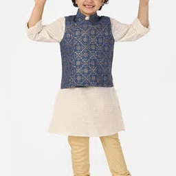 Fabindia Boys Navy Blue & Golden Ethnic Motifs Printed Pure Silk Woven Nehru Jacket-picture-0