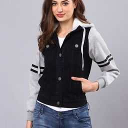 Campus Sutra Women Black Grey Colourblocked Windcheater Denim Jacket-image-15