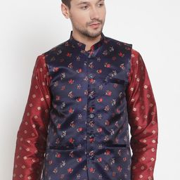 KLOTTHE Men Purple & Red Printed Satin Nehru Jacket-25