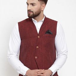 KLOTTHE Men Maroon Solid Pure Cotton Woven Design Nehru Jacket-12