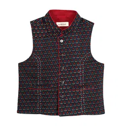 My Little Lambs Boys Blue & Red Printed Cotton Nehru Jacket-image-30