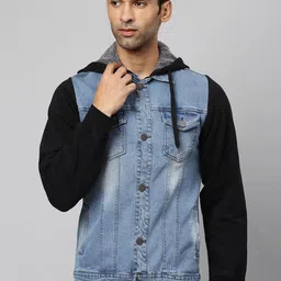 Campus Sutra Men Blue Black Washed Cotton Colourblocked Windcheater Denim Jacket-picture-31