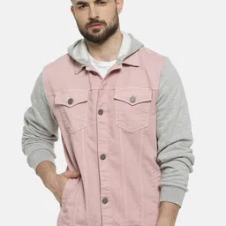 Campus Sutra Men Pink Grey Colourblocked Windcheater Denim Jacket-picture-23