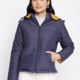 Latin Quarters Women Blue Solid Full Sleeve Padded Jacket-image-48