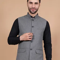 Wintage Mandarin Collar Woven Nehru Jacket-15