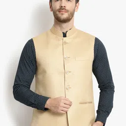 Vastraa Fusion Men Beige Solid Woven Nehru Jacket-12