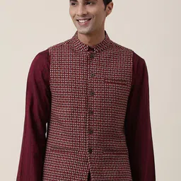 Fabindia Men Maroon Woven Design Woollen Nehru Jacket-11