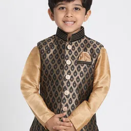 VASTRAMAY Boys Black & Gold Colored Woven Design Nehru Jackets-18