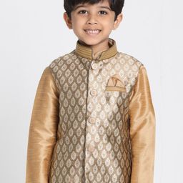 VASTRAMAY Boys Gold-Coloured Woven Slim-Fit Nehru Jackets-46