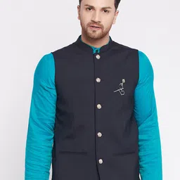 even Men Black Solid Woven Nehru Jacket-6