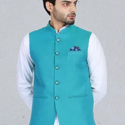 TAHVO Men Green Solid Woven Nehru Jacket-16