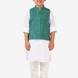 Fabindia Boys Green & White Woven Design Woven Pure Cotton Bana Nehru Jacket-picture-24