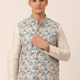 Jompers Men Blue Floral Printed Woven Nehru Jacket-image-67