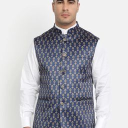 HOB Men Navy Blue Printed Woven Nehru Jacket-picture-24