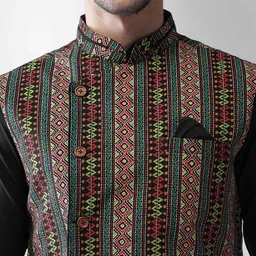 KISAH Men Multicoloured Regular Kurta with Churidar & Geometric Print Nehru Jacket Set image 4