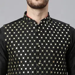 Hangup Men Black Regular Dupion Silk Kurta With Pyjamas & Nehru Jacket image 3