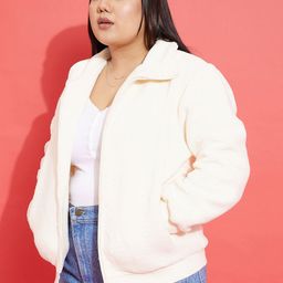 SASSAFRAS Curve Plus Size White Self Design Mock Collar Bomber Jacket image 3