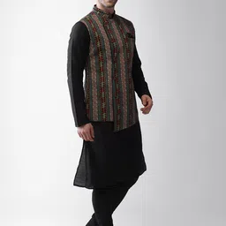 KISAH Men Multicoloured Regular Kurta with Churidar & Geometric Print Nehru Jacket Set image 3