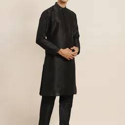 SOJANYA Men Black Kurta with Churidar & Nehru Jacket image 3