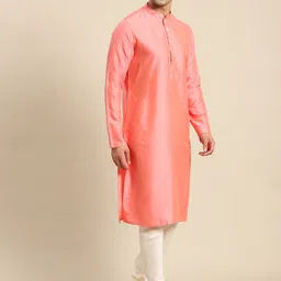 KISAH Men Peach-Coloured Kurta with Churidar & Nehru Jacket image 3
