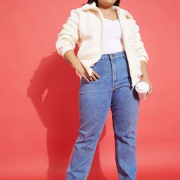SASSAFRAS Curve Plus Size White Self Design Mock Collar Bomber Jacket image 4