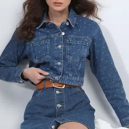 Vero Moda Spread Collar Washed Pure Cotton Crop Denim Jacket-image-19