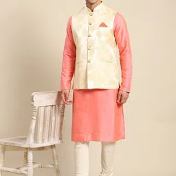 KISAH Men Peach-Coloured Kurta with Churidar & Nehru Jacket image 2