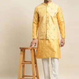 SOJANYA Men Yellow Mirror Work Kurta with Churidar With Nehru Jacket image 4