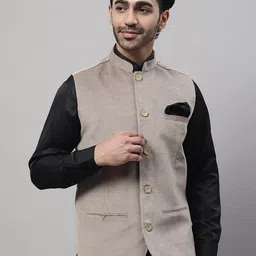 even Woven Mandarin Collar Nehru Jacket With Welt Pockets-1