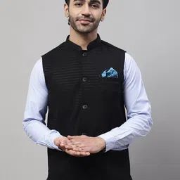 even Woven Design Cotton Linen Nehru Jacket With Welt Pockets-picture-9