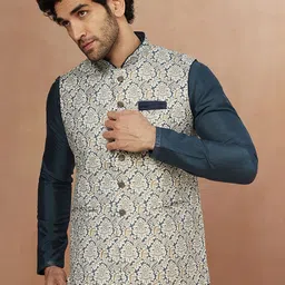 Manyavar Men White & Blue Printed Woven Nehru Jackets-49