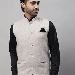 even Pure Wool Woven Mandarin Collar Nehru Jackets With Welt Pockets-image-86