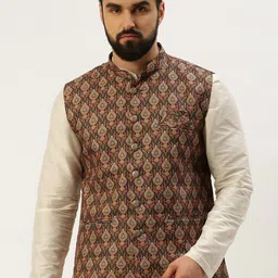 SHOWOFF Ethnic Motif Printed Mandarin Collar Nehru Jackets-18