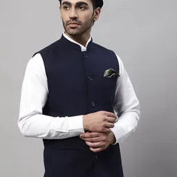 even Men Woven Mandarin Collar Nehru Jackets With Welt Pockets-image-57
