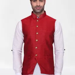 RG DESIGNERS Men Red Solid Woven Nehru Jacket-11