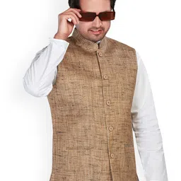 Authentics Woven Design Mandarin Collar Pure Cotton Nehru Jacket-12
