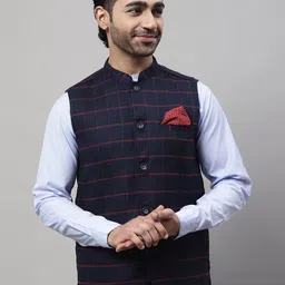 even Men Checked Mandarin Collar Woven Nehru Jackets-19
