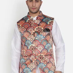 Armaan Ethnic Mandarin Collar Ethnic Motifs Printed Satin Nehru Jacket-23